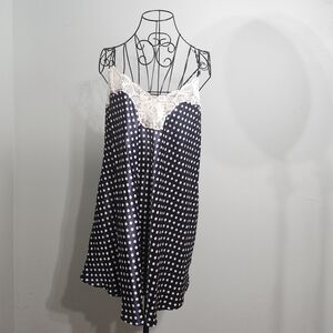 Victoria’s Secret Polka Dot Satin Chemise Lace Trim Navy White Nightgown L